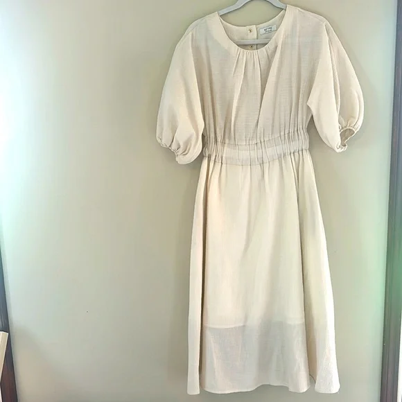 knee length dresses for ladies Cream Puff Sleeve Back Tie Dress S